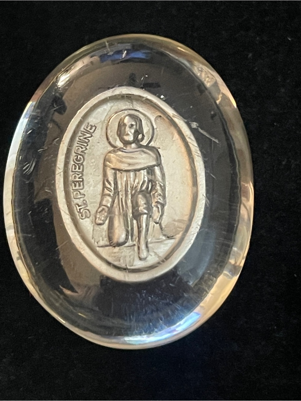 RARE Vintage St. Peregrine Pocket medal incased in Clear LUCITE.